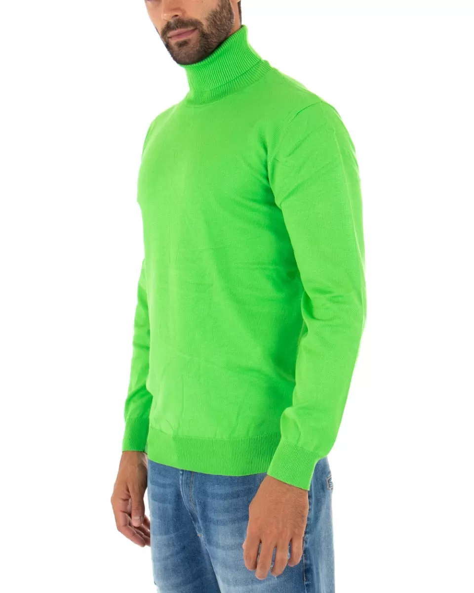 Maglioncino Uomo Maglia Maniche Lunghe Collo Alto Elastico Tinta Unita Verde Acido GIOSAL-M2552A