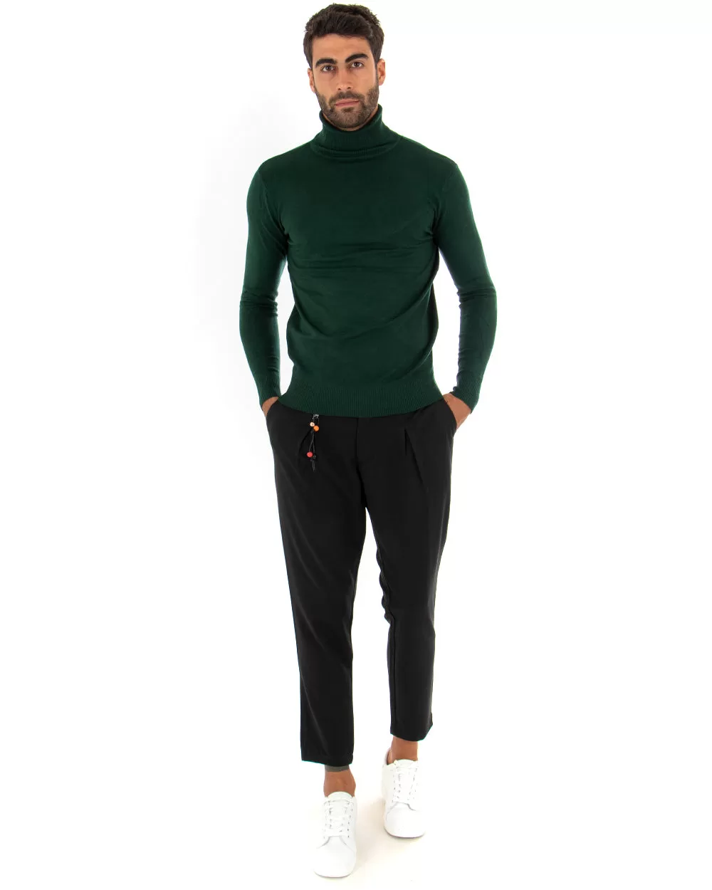 Maglioncino Uomo Maglia Maniche Lunghe Collo Alto Elastico Tinta Unita Verde Bottiglia GIOSAL-M2548A