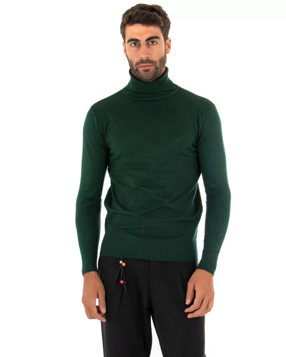 Maglioncino Uomo Maglia Maniche Lunghe Collo Alto Elastico Tinta Unita Verde Bottiglia GIOSAL-M2548A