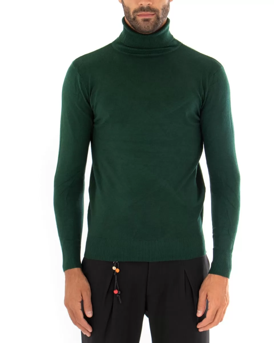 Maglioncino Uomo Maglia Maniche Lunghe Collo Alto Elastico Tinta Unita Verde Bottiglia GIOSAL-M2548A