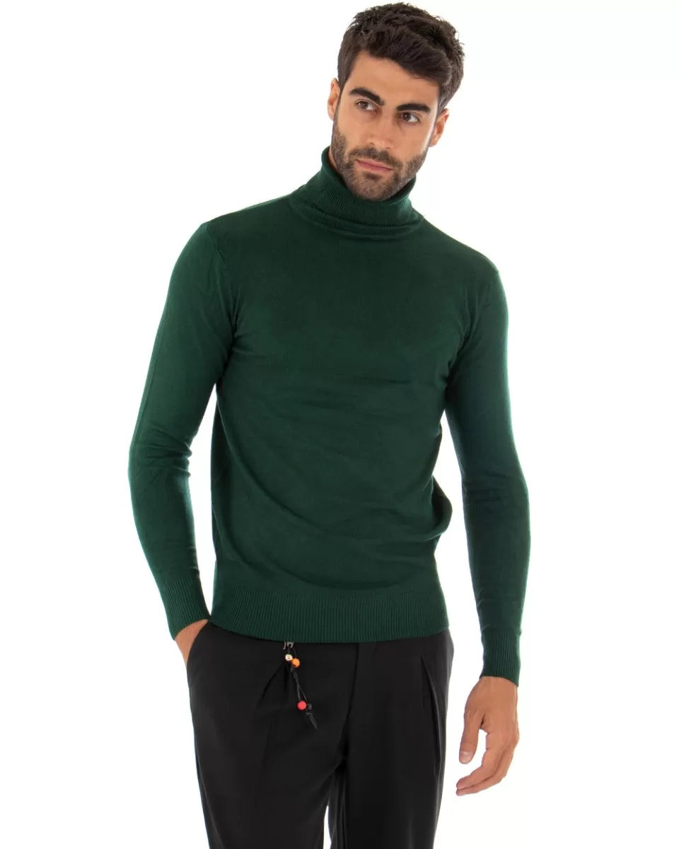 Maglioncino Uomo Maglia Maniche Lunghe Collo Alto Elastico Tinta Unita Verde Bottiglia GIOSAL-M2548A