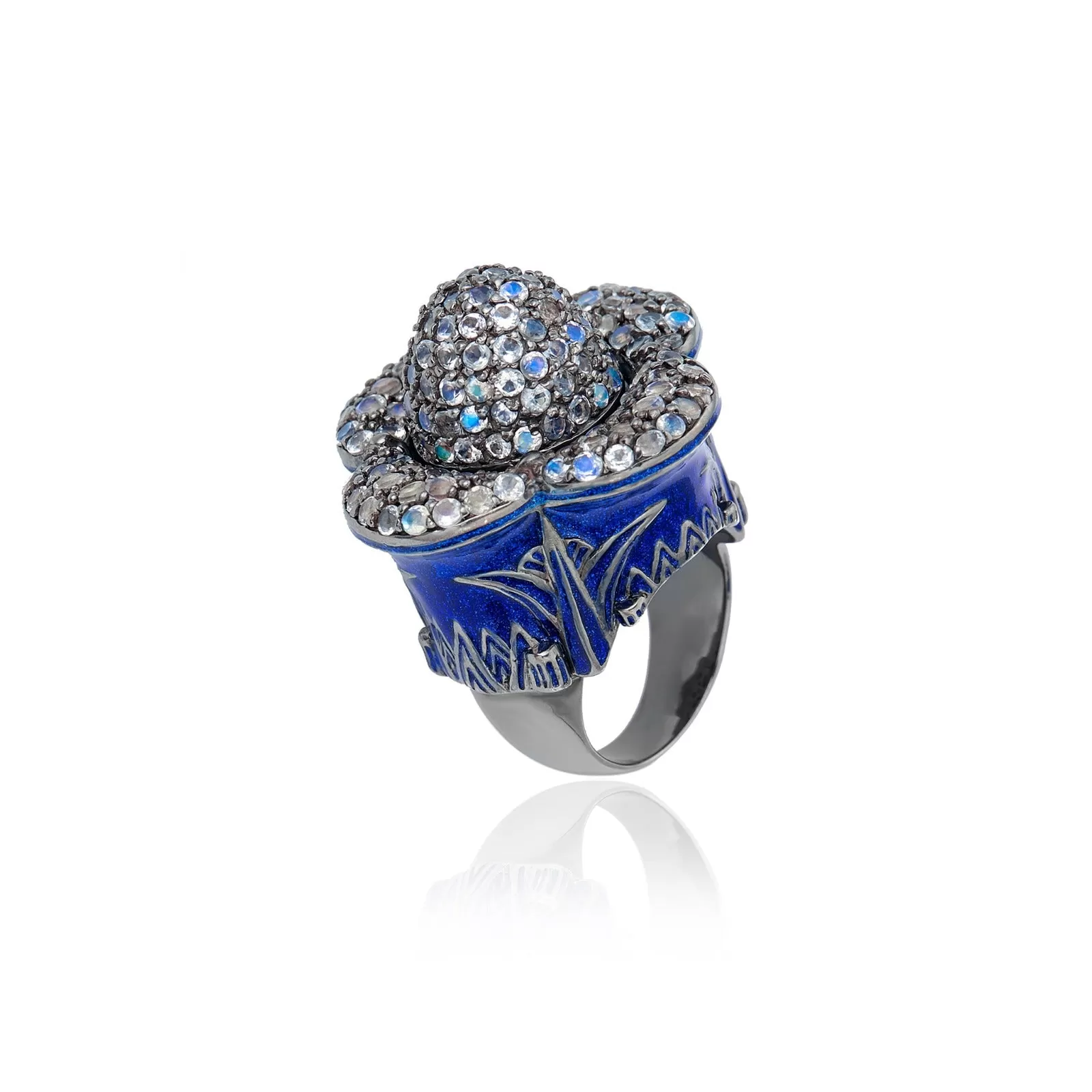 MCL Design Sterling Silver Statement Ring With Dark Blue Oil Enamel & Moonstones