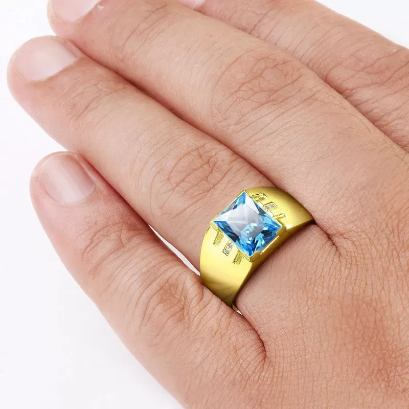 Men's Diamonds Ring in 14k Yellow Gold with blue Topaz Gemstone