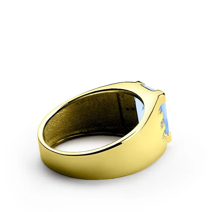 Men's Diamonds Ring in 14k Yellow Gold with blue Topaz Gemstone