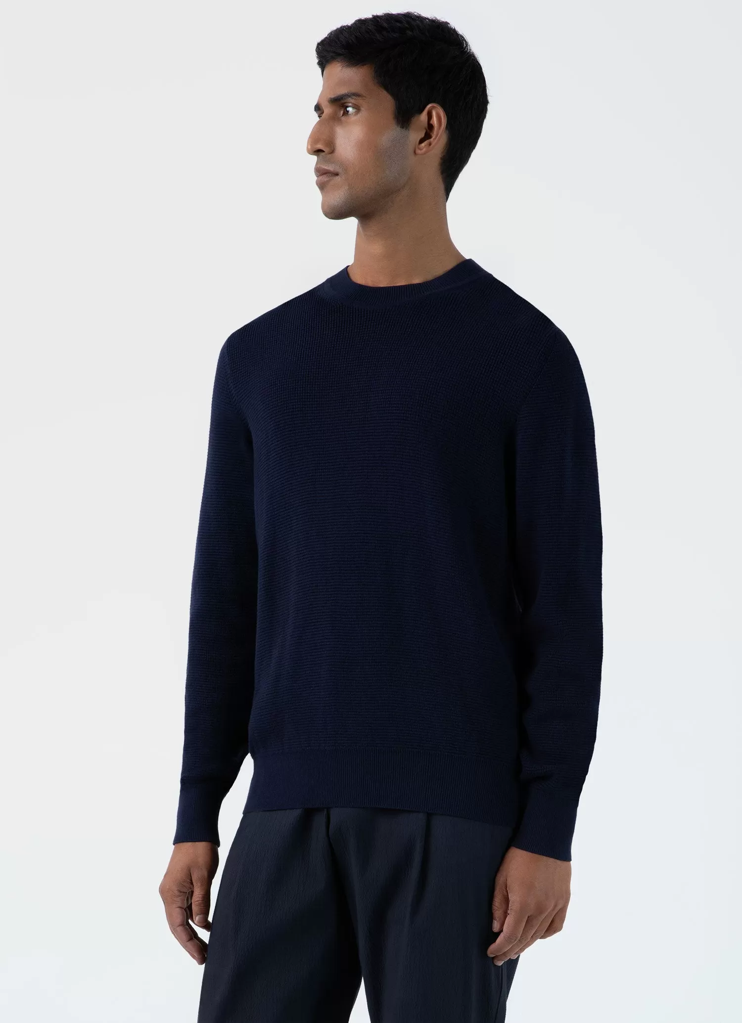 Men's Waffle Stitch Crew Neck Jumper in Navy