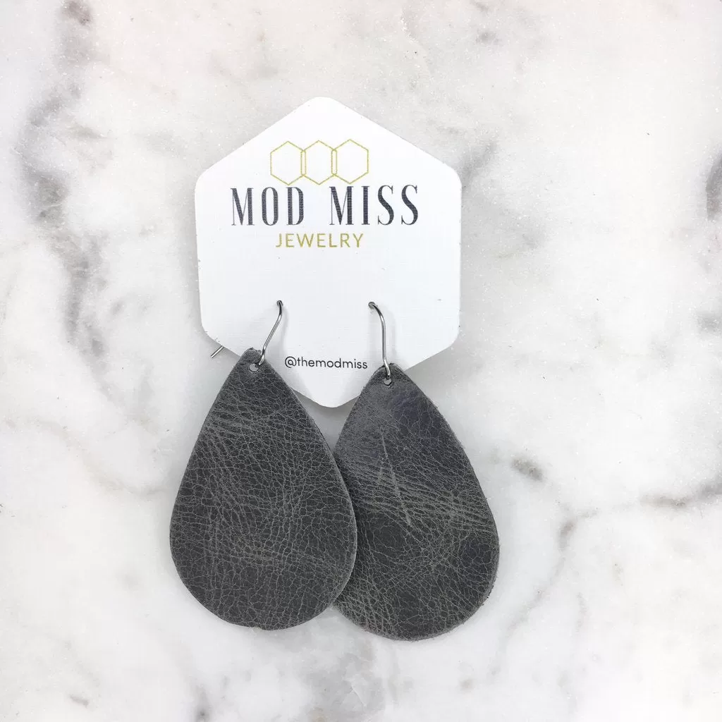 Mrs. Jumbo Worn Gray Chunky Teardrop Leather Petal Earrings