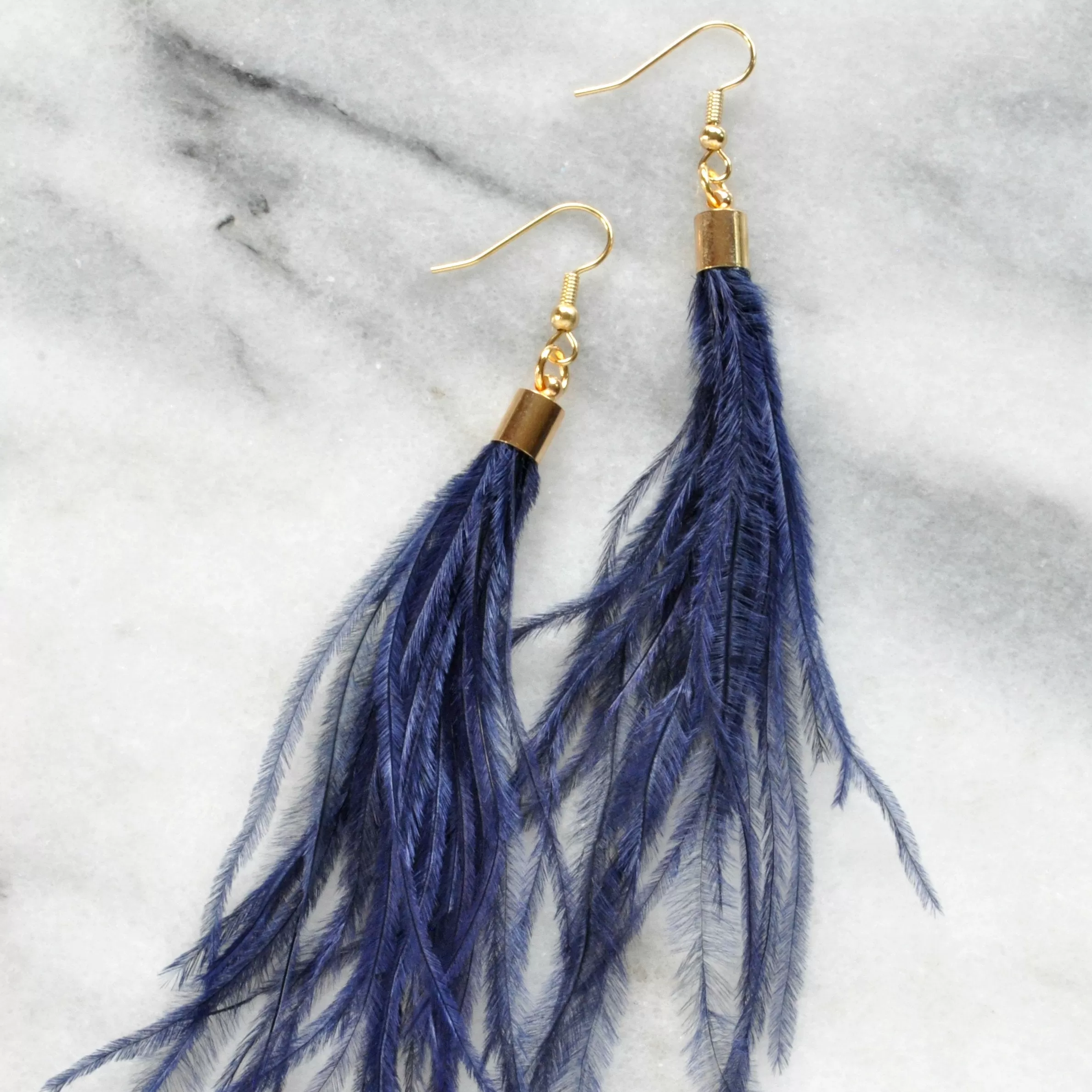 Navy Blue Ostrich Feather Earrings