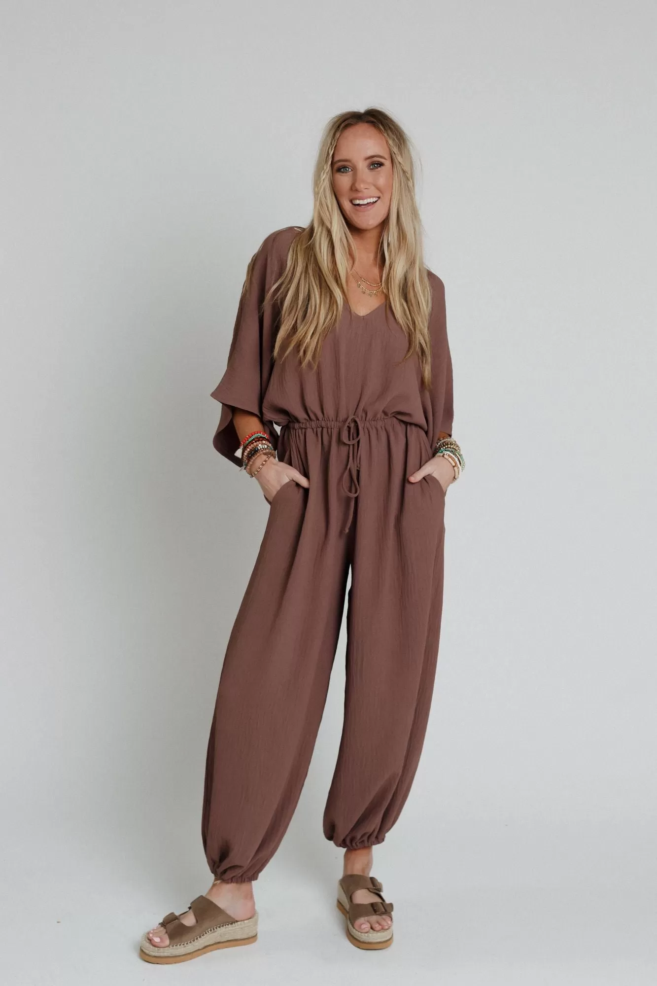 New Love Relaxed Drawstring Jumpsuit - Mocha