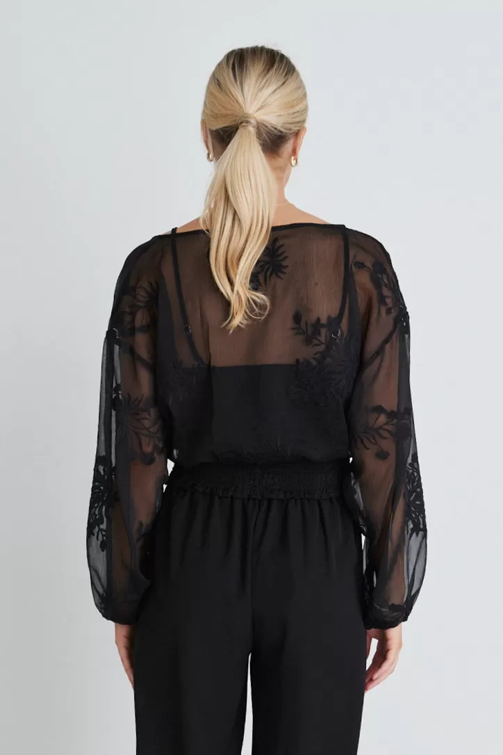 Nightfall Black Embroidered Sheer Cropped Ls top