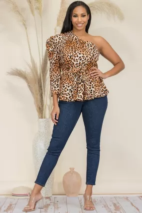 One Sleeve Peplum Animal Print Top