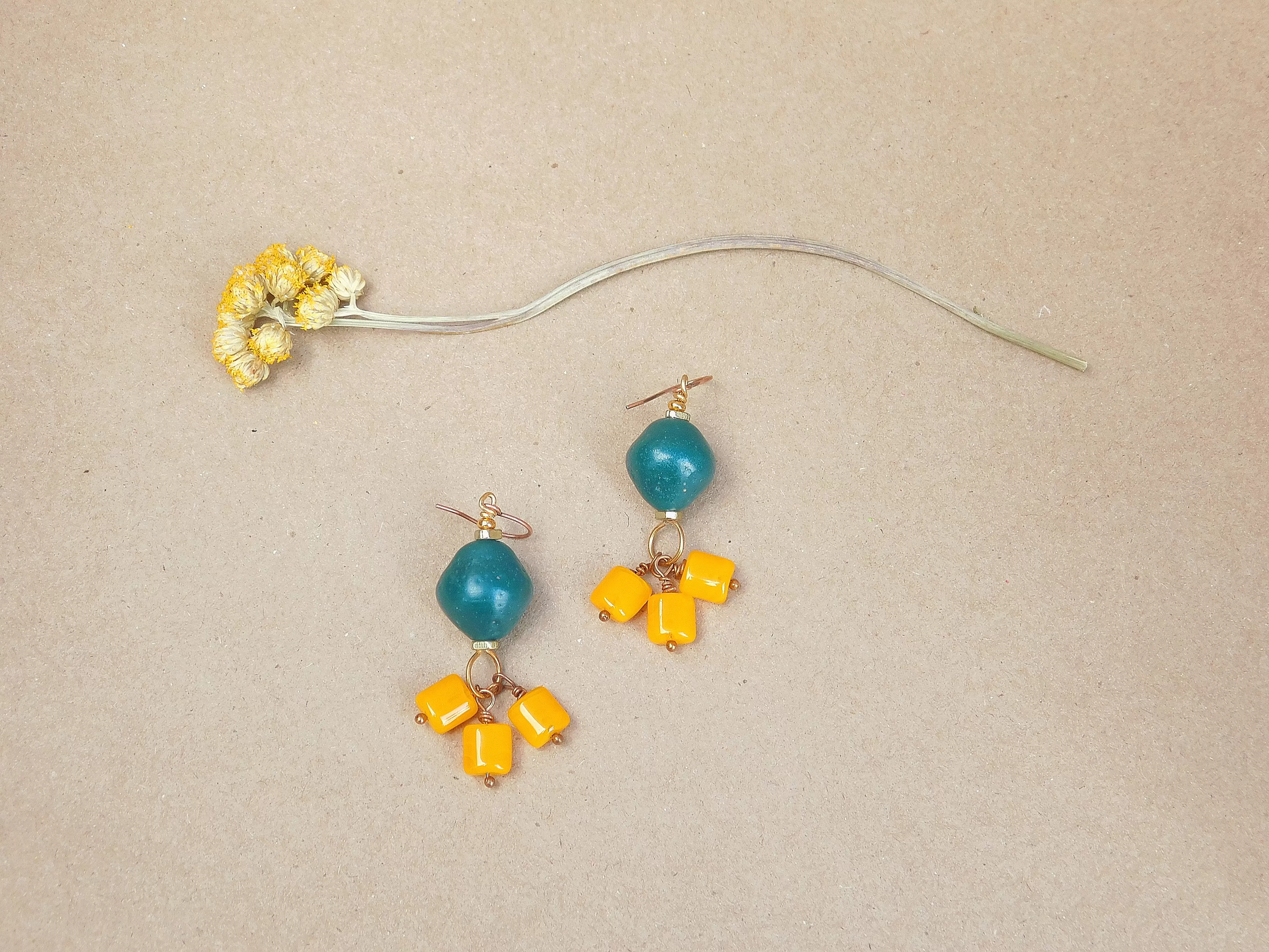 Orange Czech Bead and Teal Java Earrings