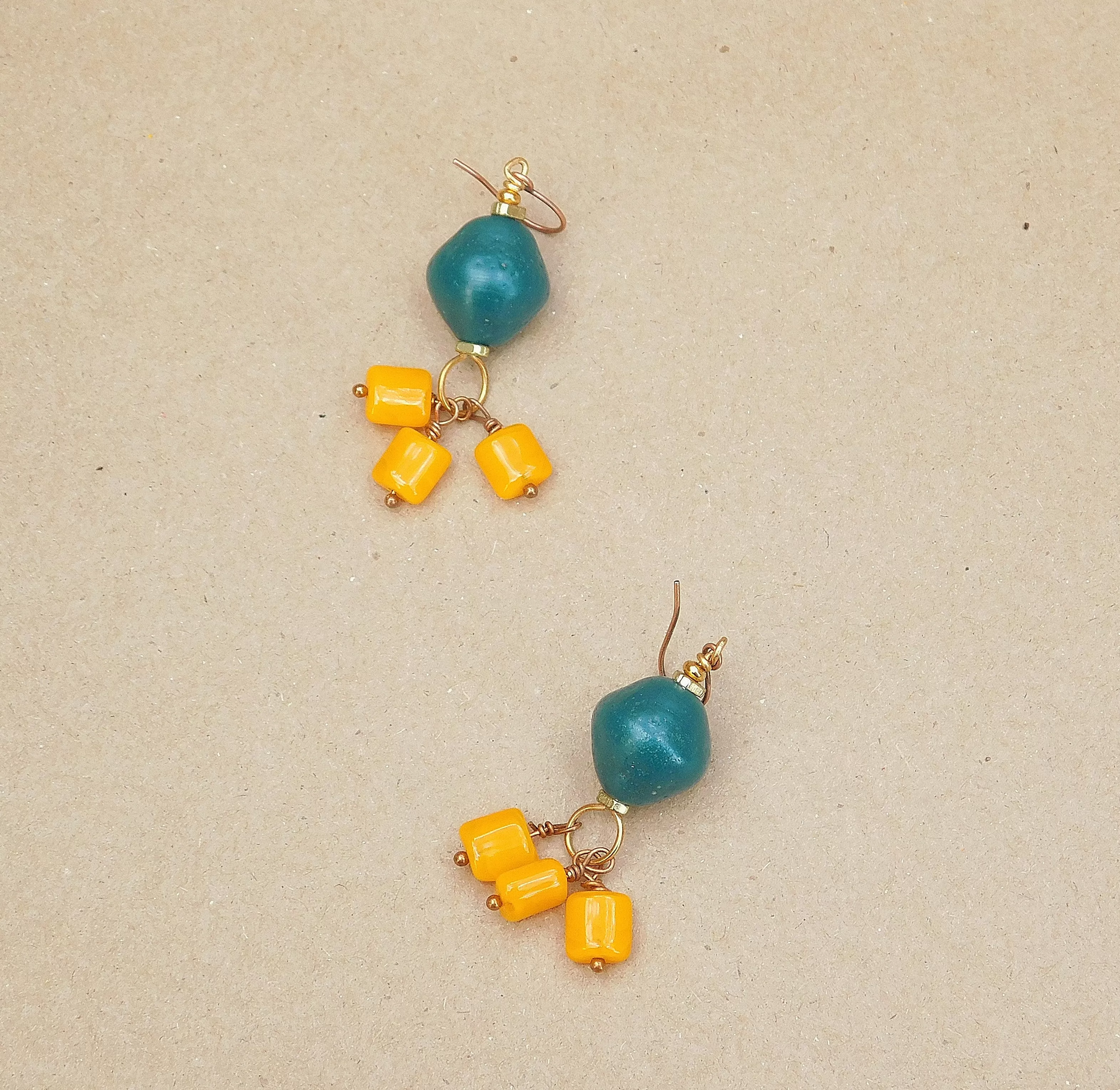 Orange Czech Bead and Teal Java Earrings