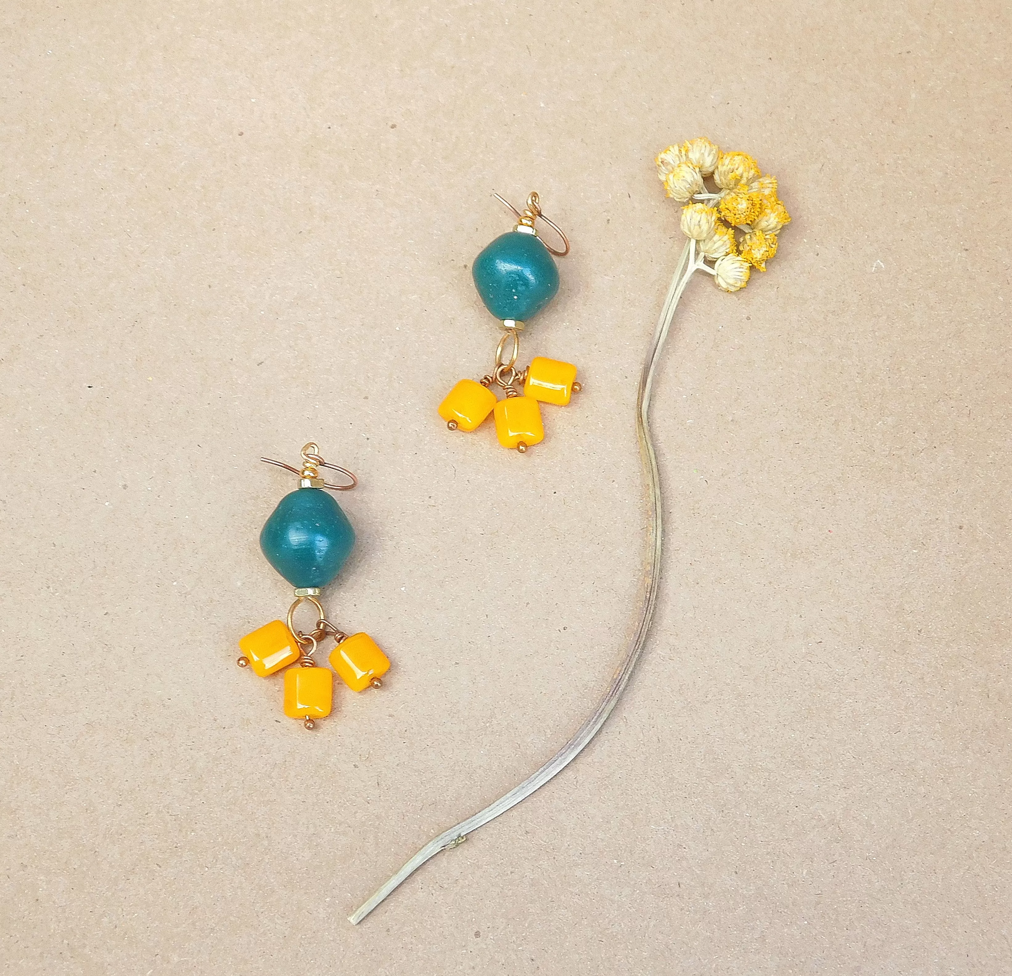 Orange Czech Bead and Teal Java Earrings