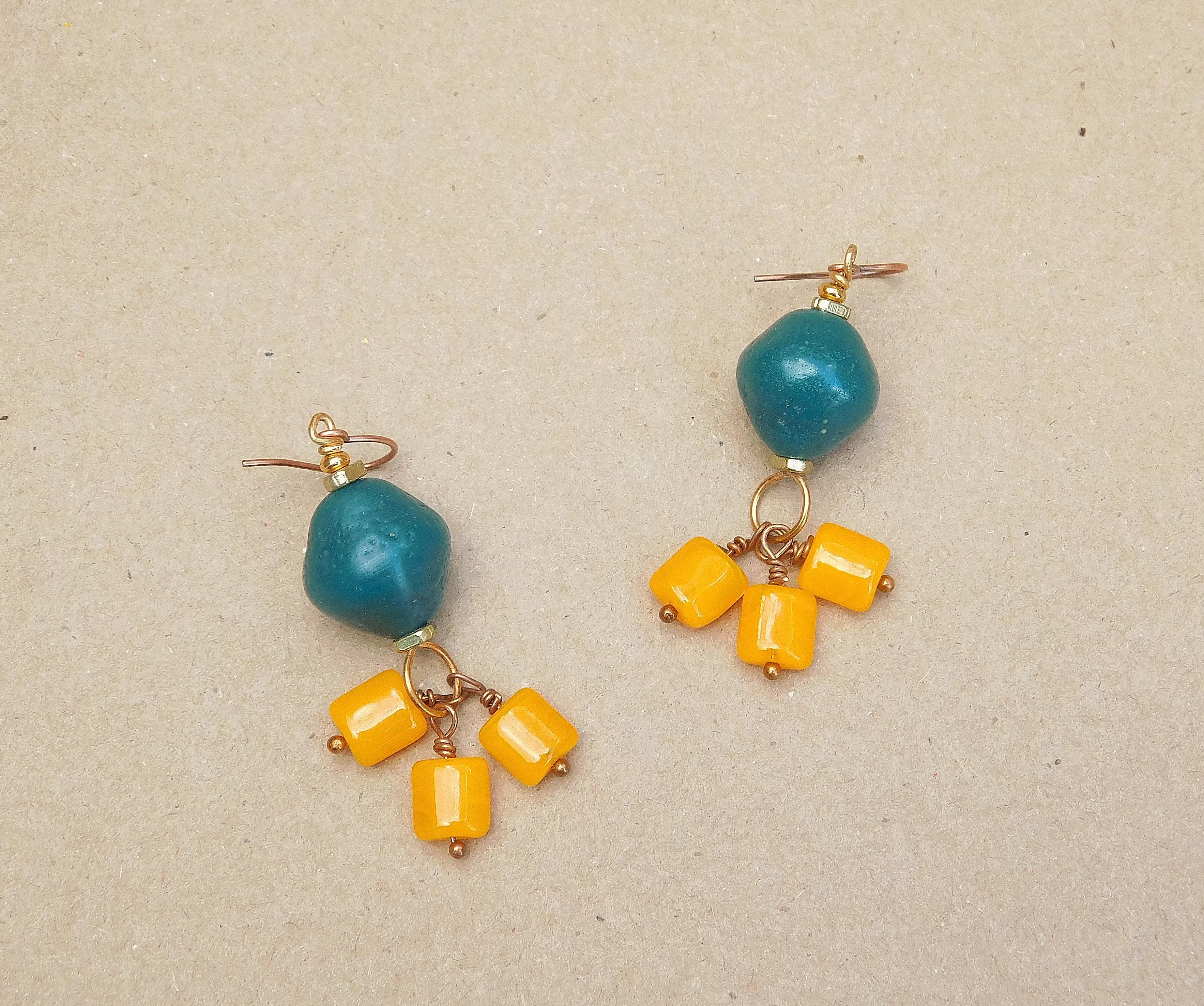 Orange Czech Bead and Teal Java Earrings