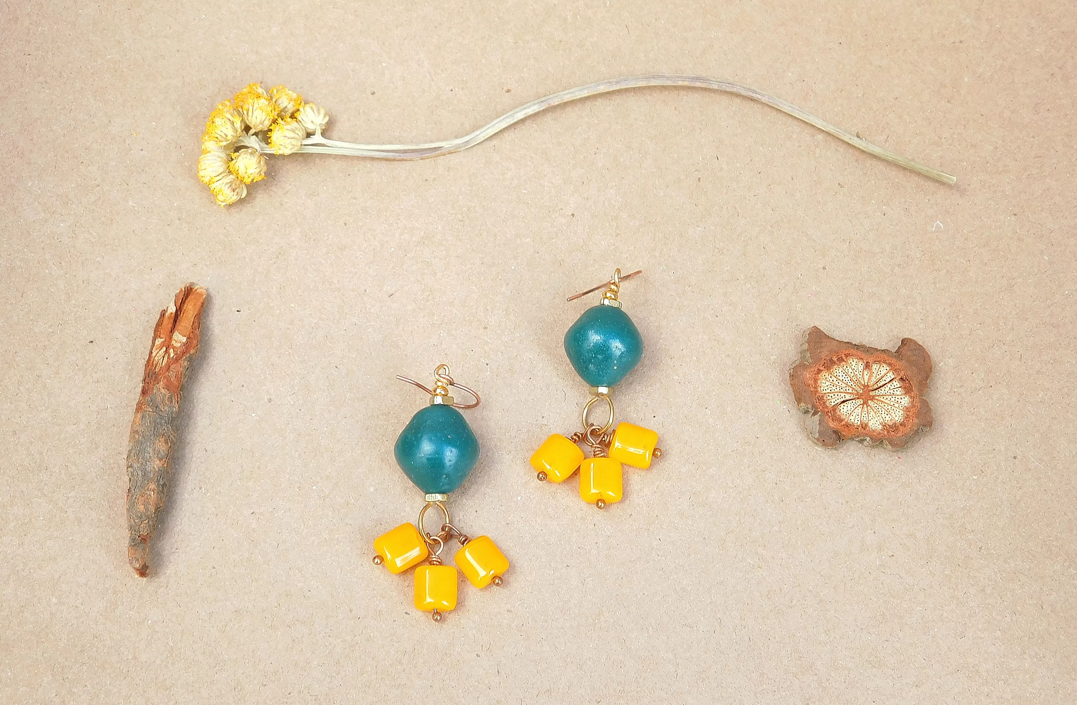 Orange Czech Bead and Teal Java Earrings