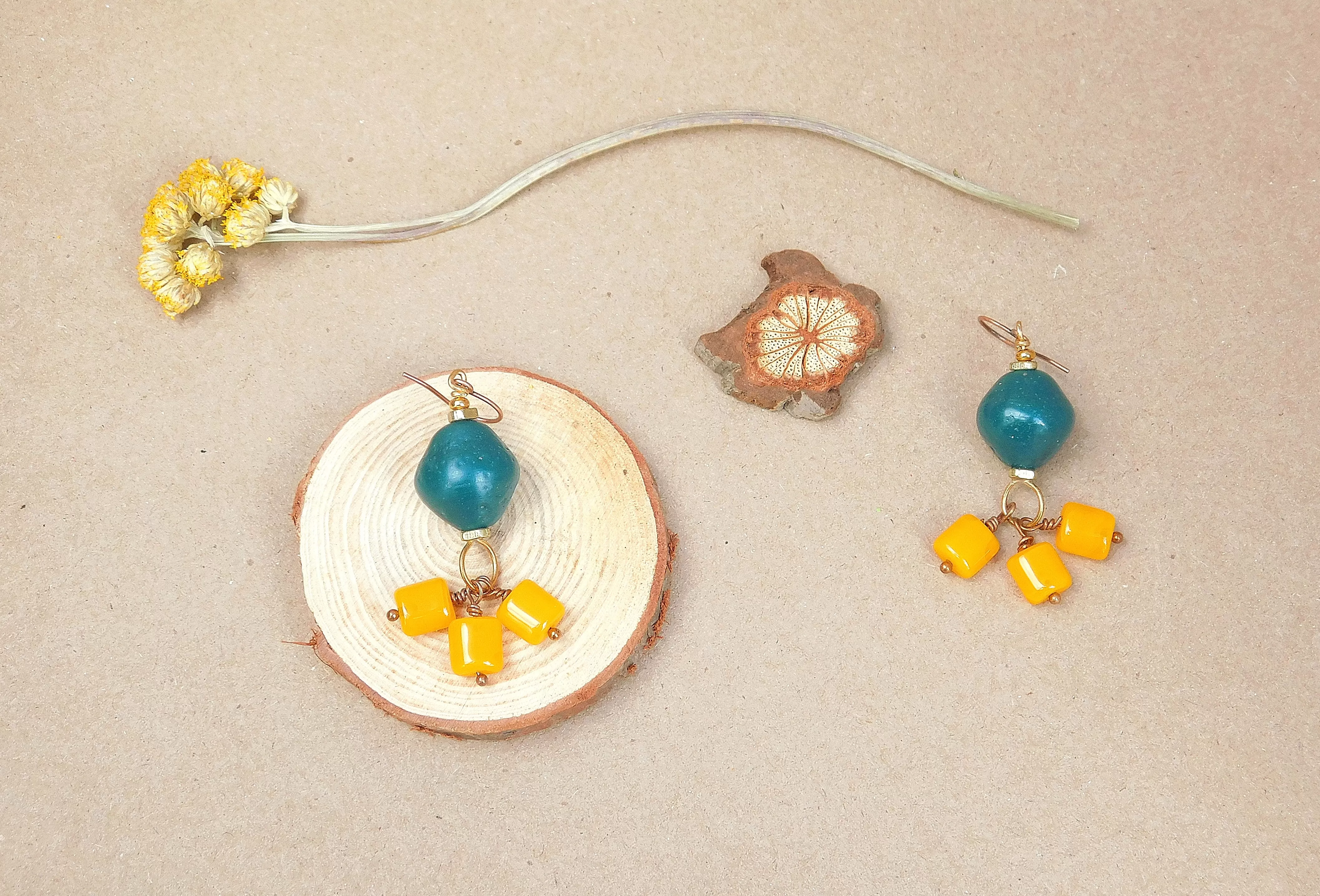 Orange Czech Bead and Teal Java Earrings