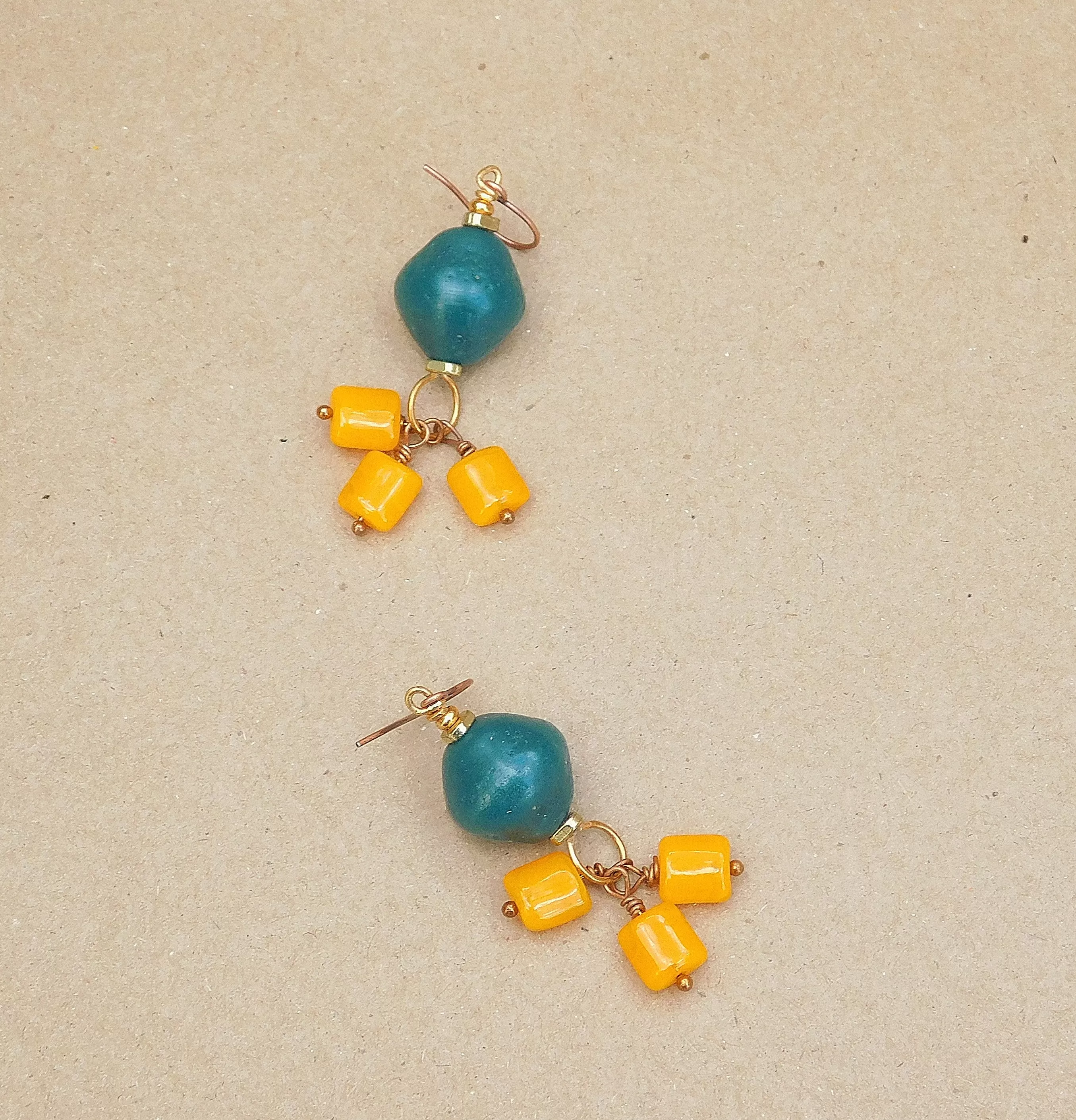 Orange Czech Bead and Teal Java Earrings