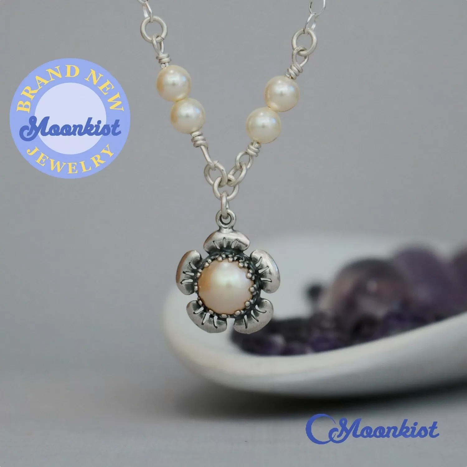 Pearl Flower Necklace, Sterling Silver Periwinkle Pendant | Moonkist Designs