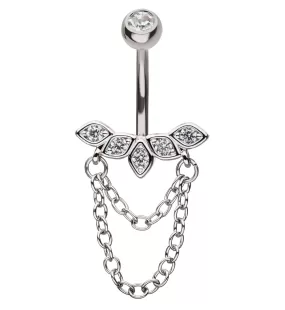 Petal Arch Clear CZ Double Dangle Chain Stainless Steel Belly Button Ring