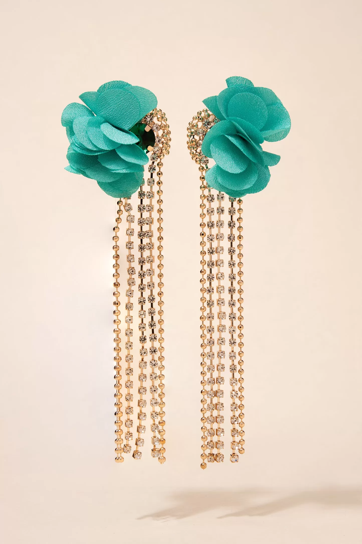 Petal Puff Rhinestone Tassel Earrings