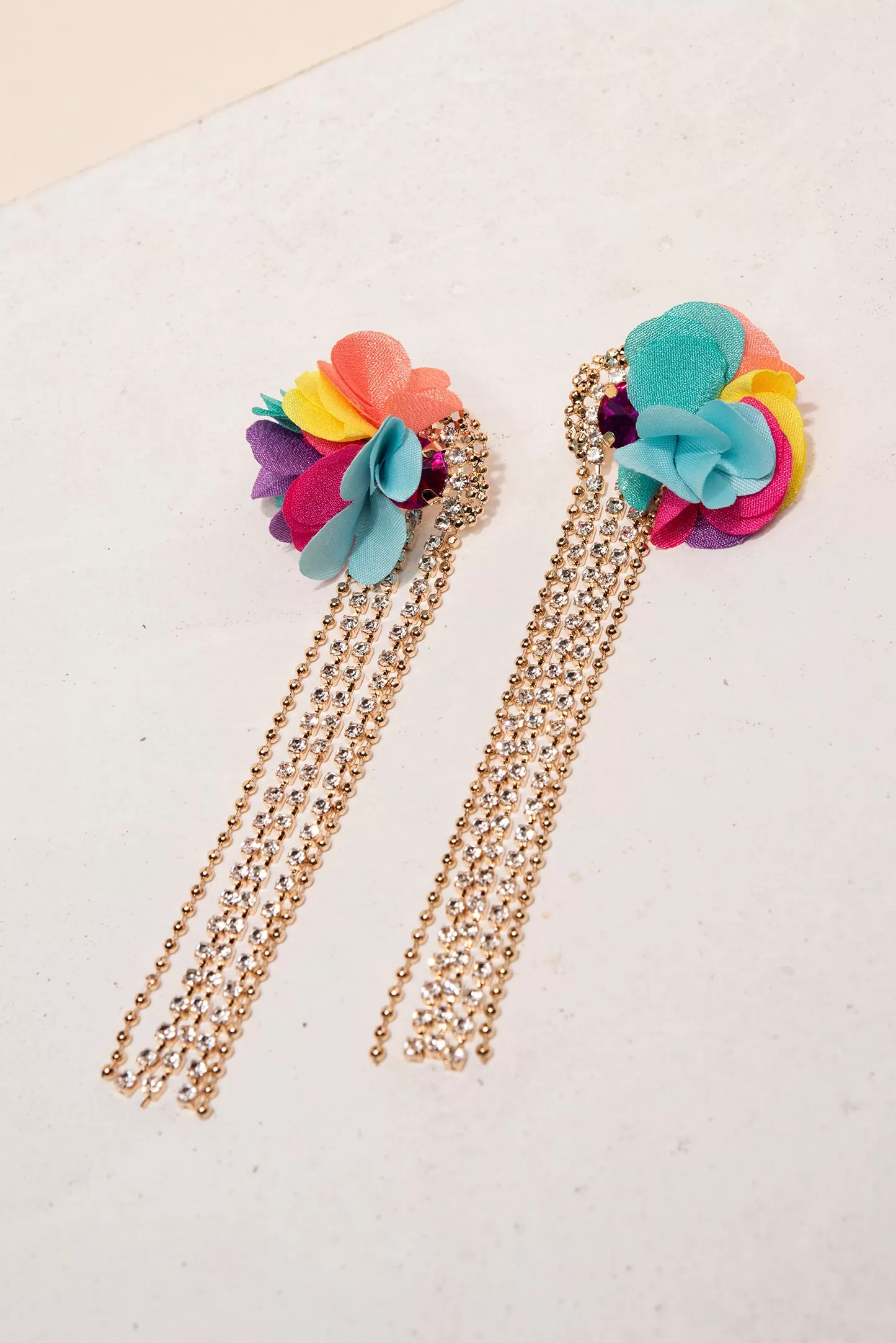 Petal Puff Rhinestone Tassel Earrings