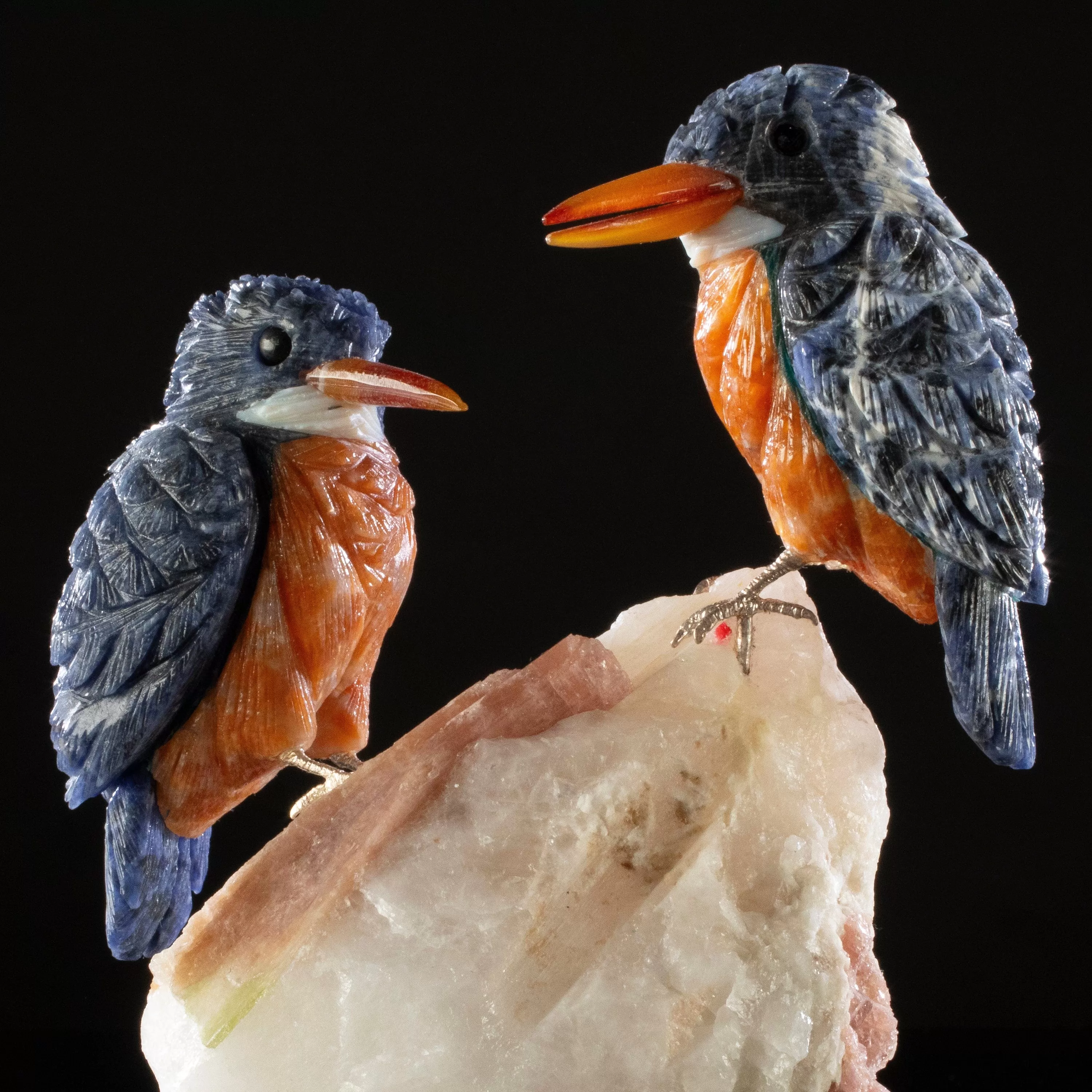 Peter Muller Sodalite Belted Kingfisher Love Birds Carving on Tourmaline Base