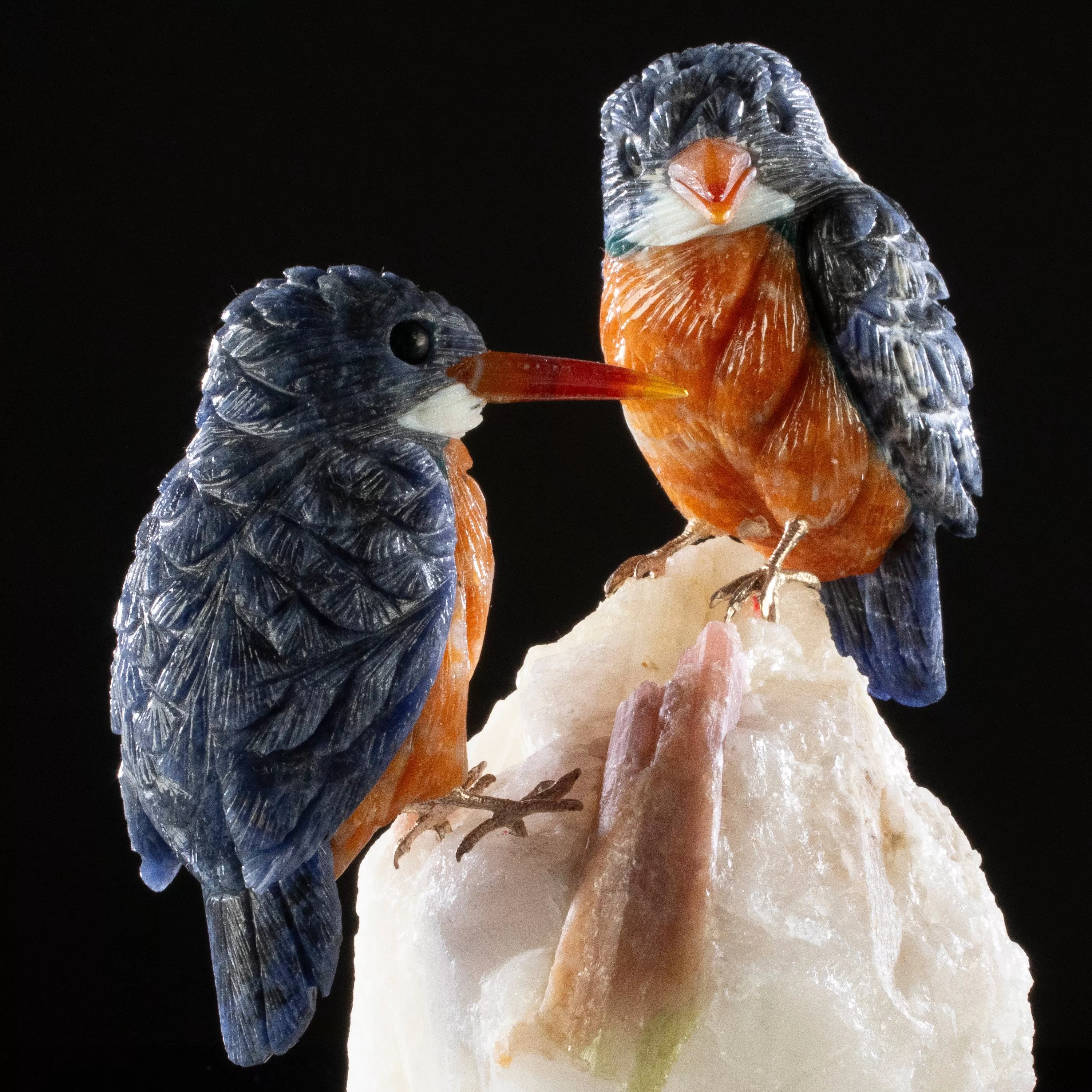 Peter Muller Sodalite Belted Kingfisher Love Birds Carving on Tourmaline Base