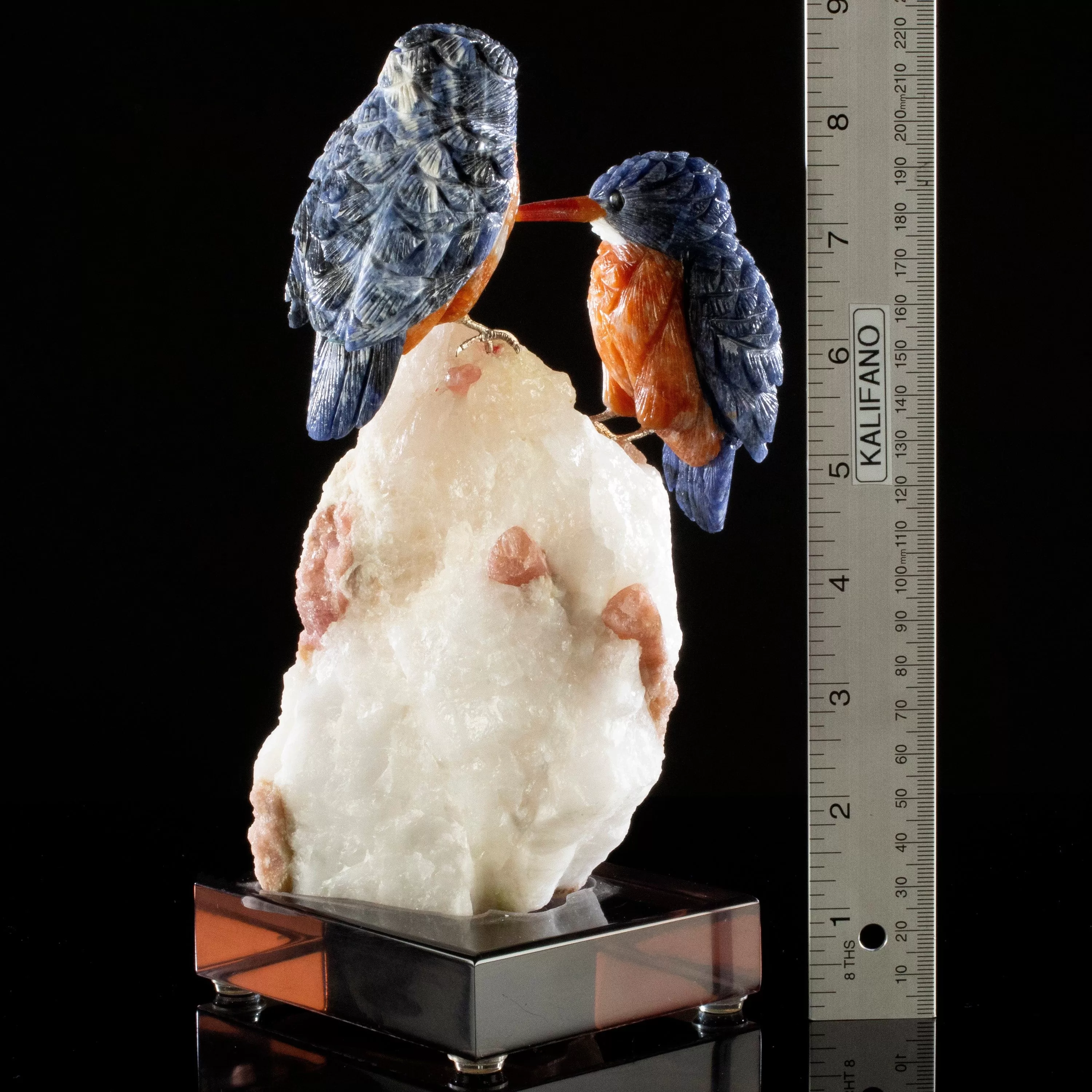 Peter Muller Sodalite Belted Kingfisher Love Birds Carving on Tourmaline Base