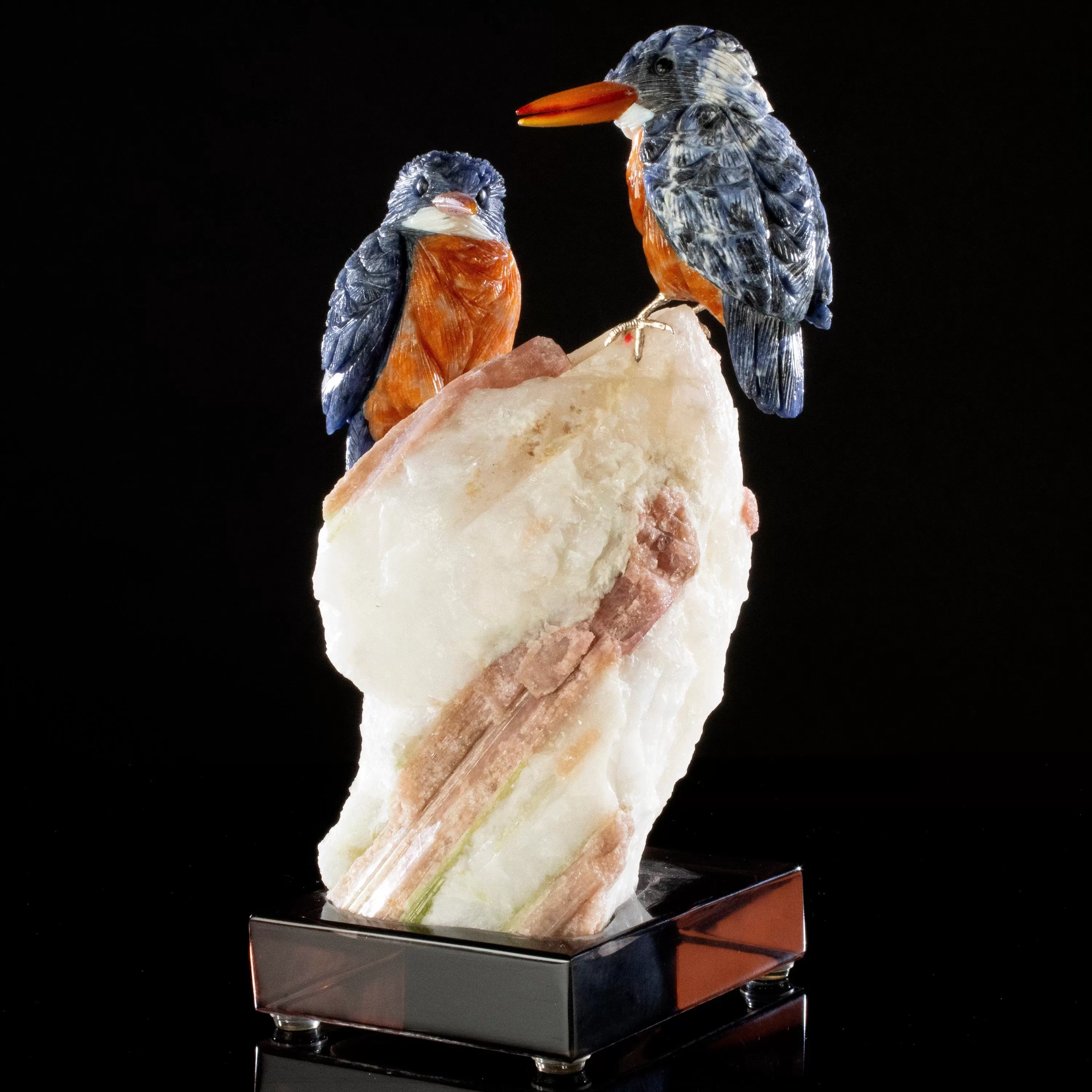 Peter Muller Sodalite Belted Kingfisher Love Birds Carving on Tourmaline Base