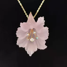 Pink Frosted Glass Flower Opal Cabochon 14K Gold Pendant