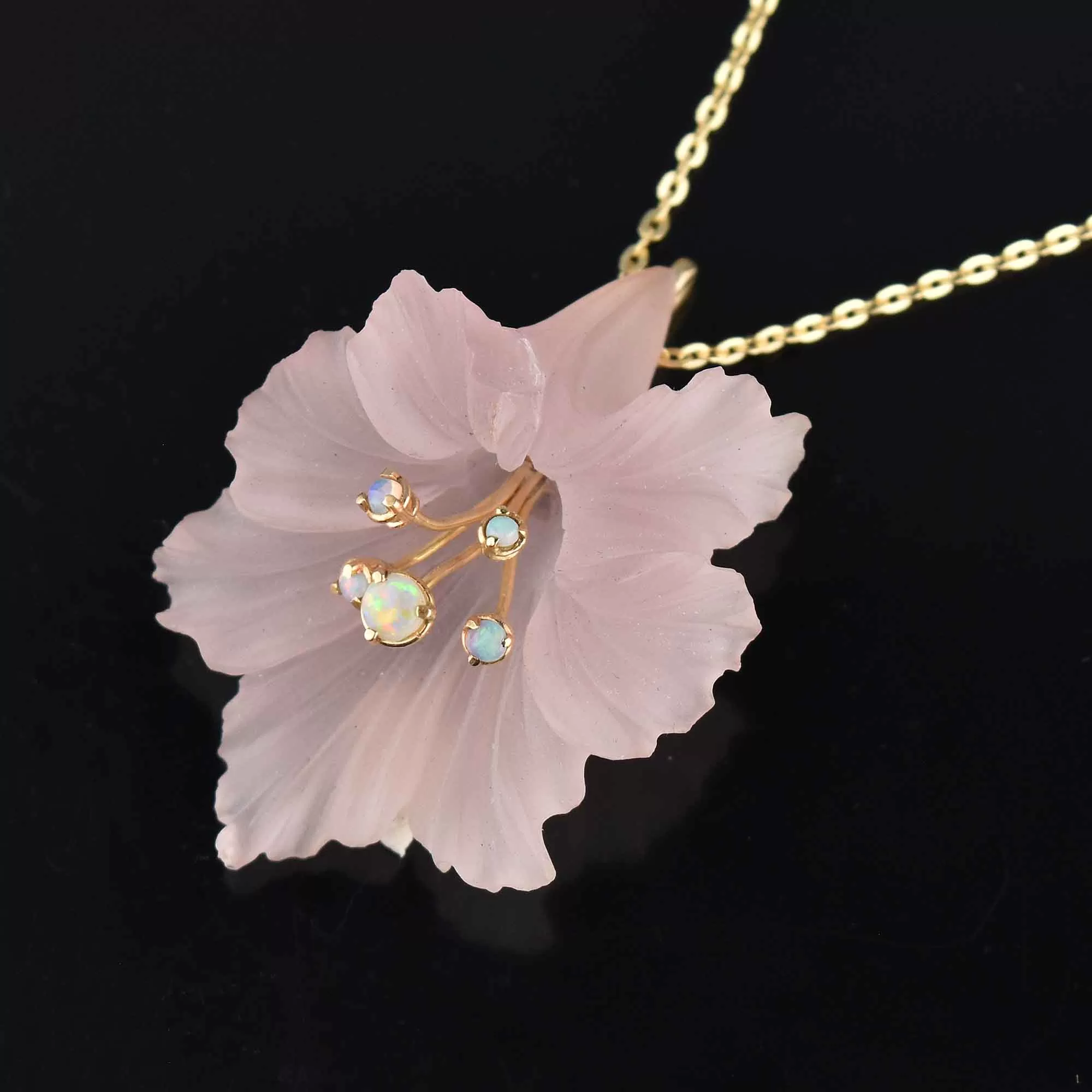 Pink Frosted Glass Flower Opal Cabochon 14K Gold Pendant