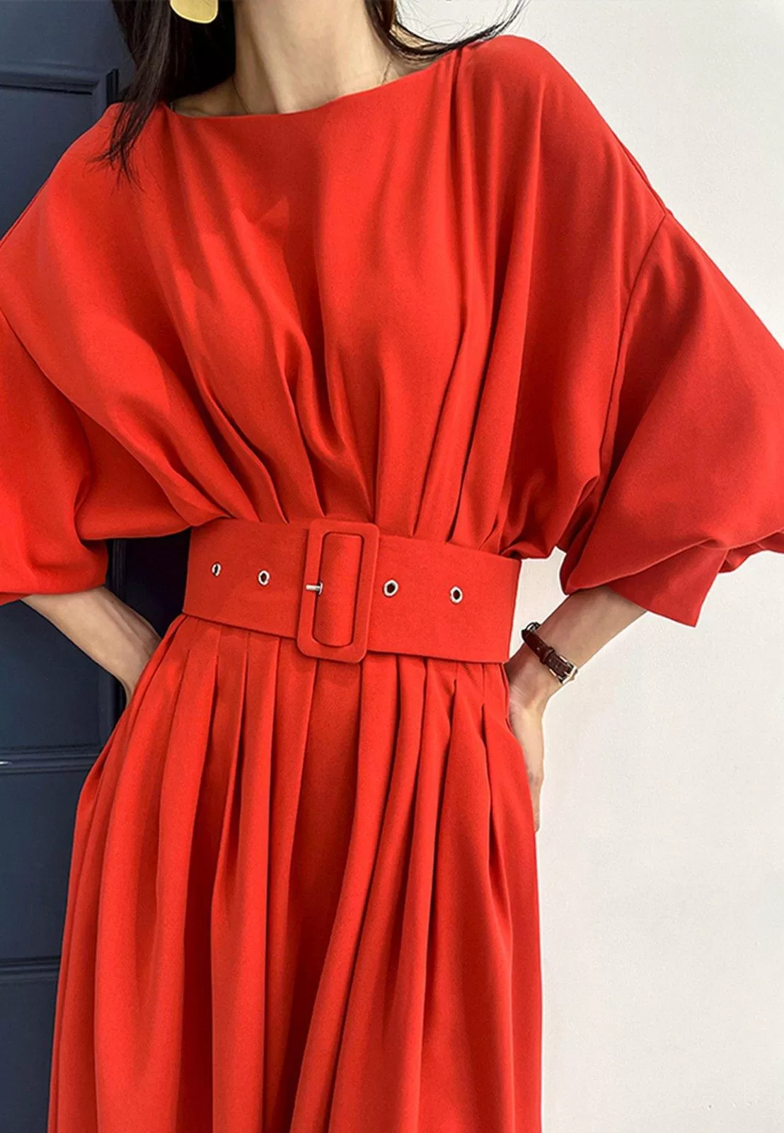 Puff Sleeve Belted Midi Dress