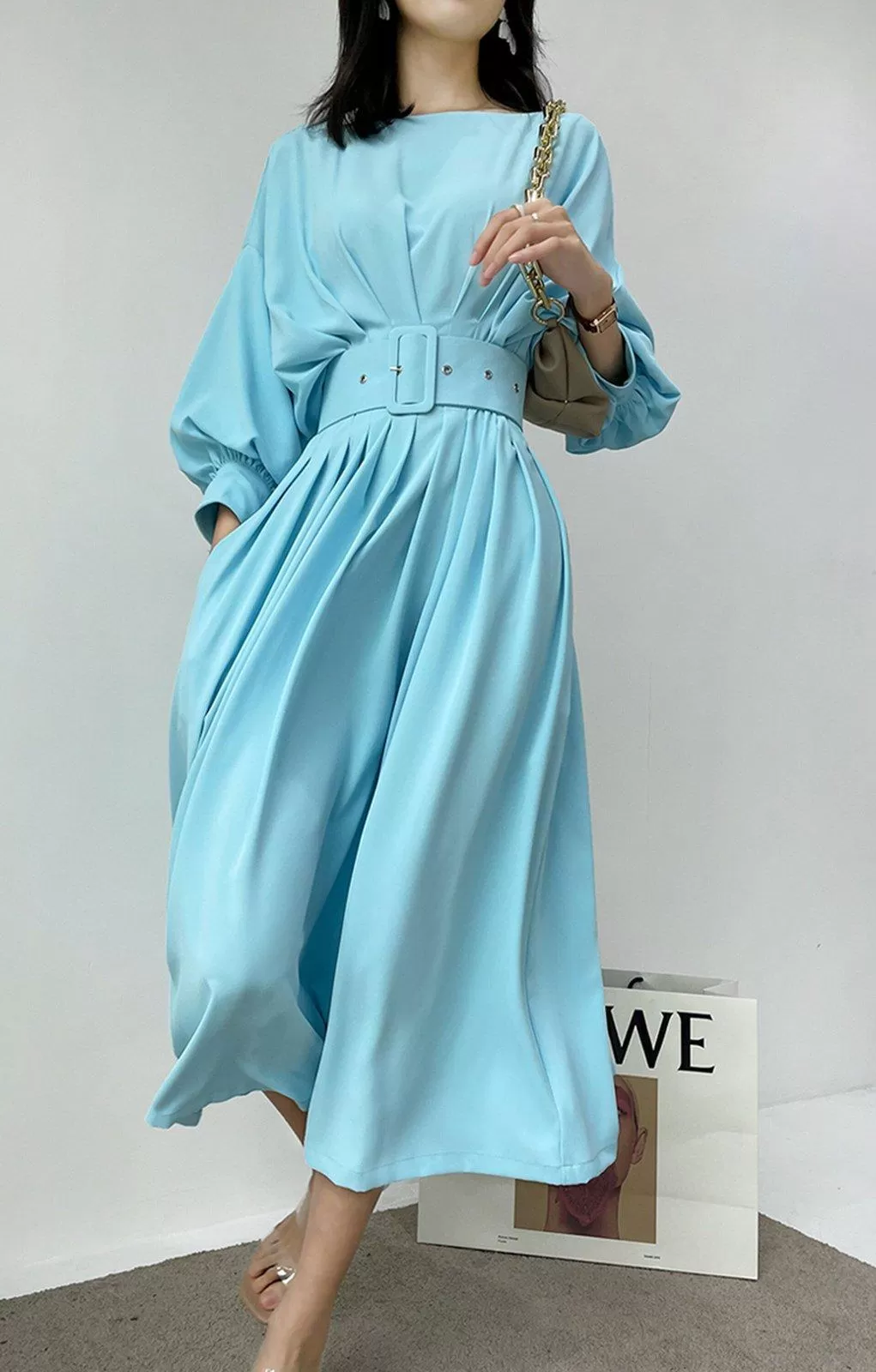 Puff Sleeve Belted Midi Dress