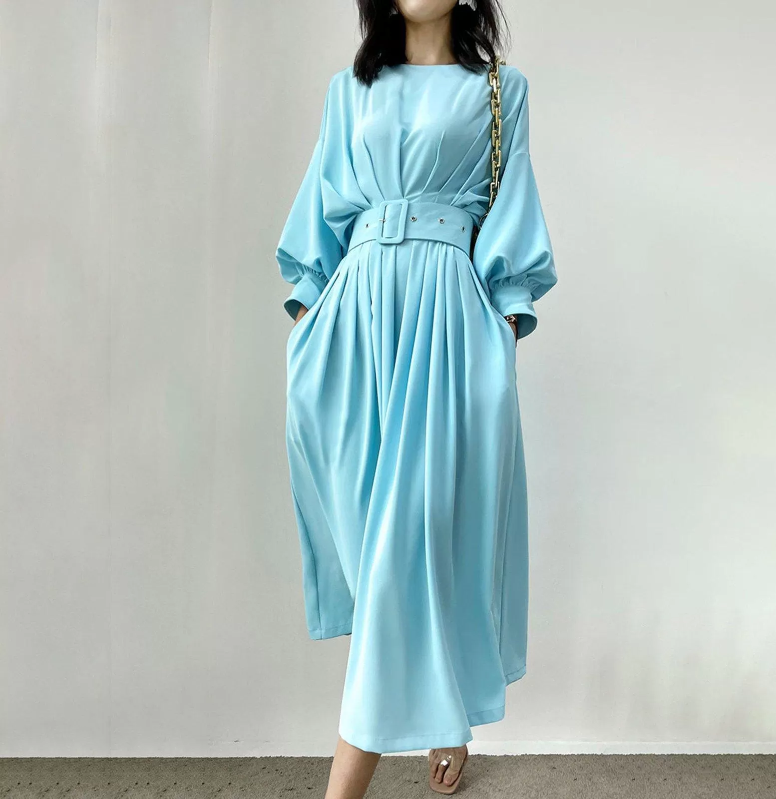 Puff Sleeve Belted Midi Dress