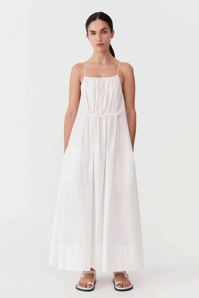 RELAXED DRAWSTRING DRESS-WHITE