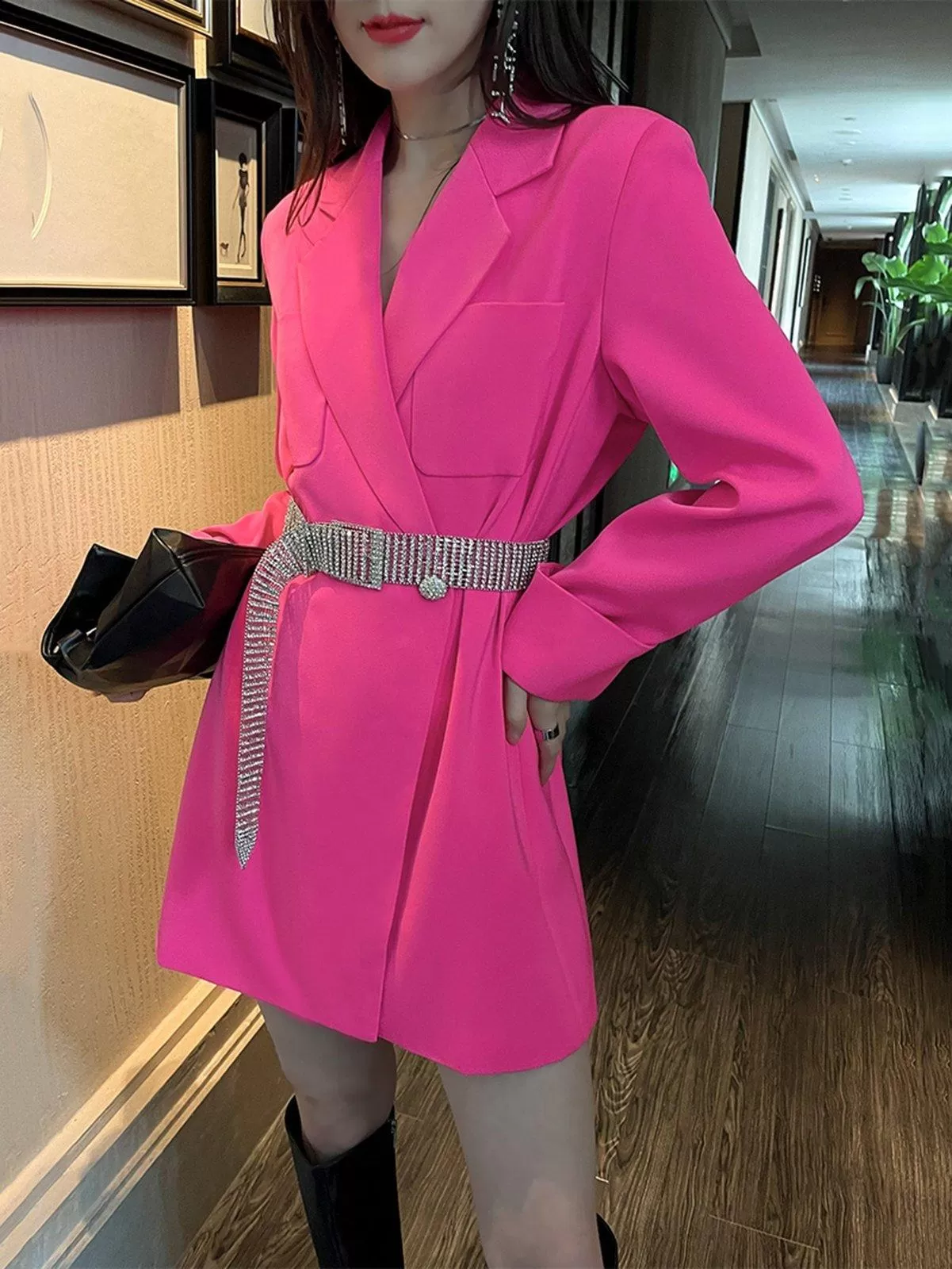 Rhinestone Belt Fuchsia Thigh-length Flare Blazer