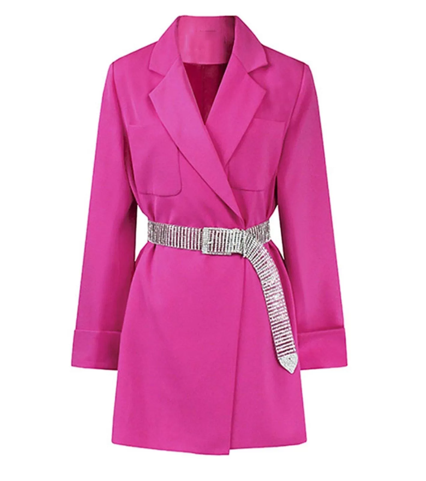 Rhinestone Belt Fuchsia Thigh-length Flare Blazer