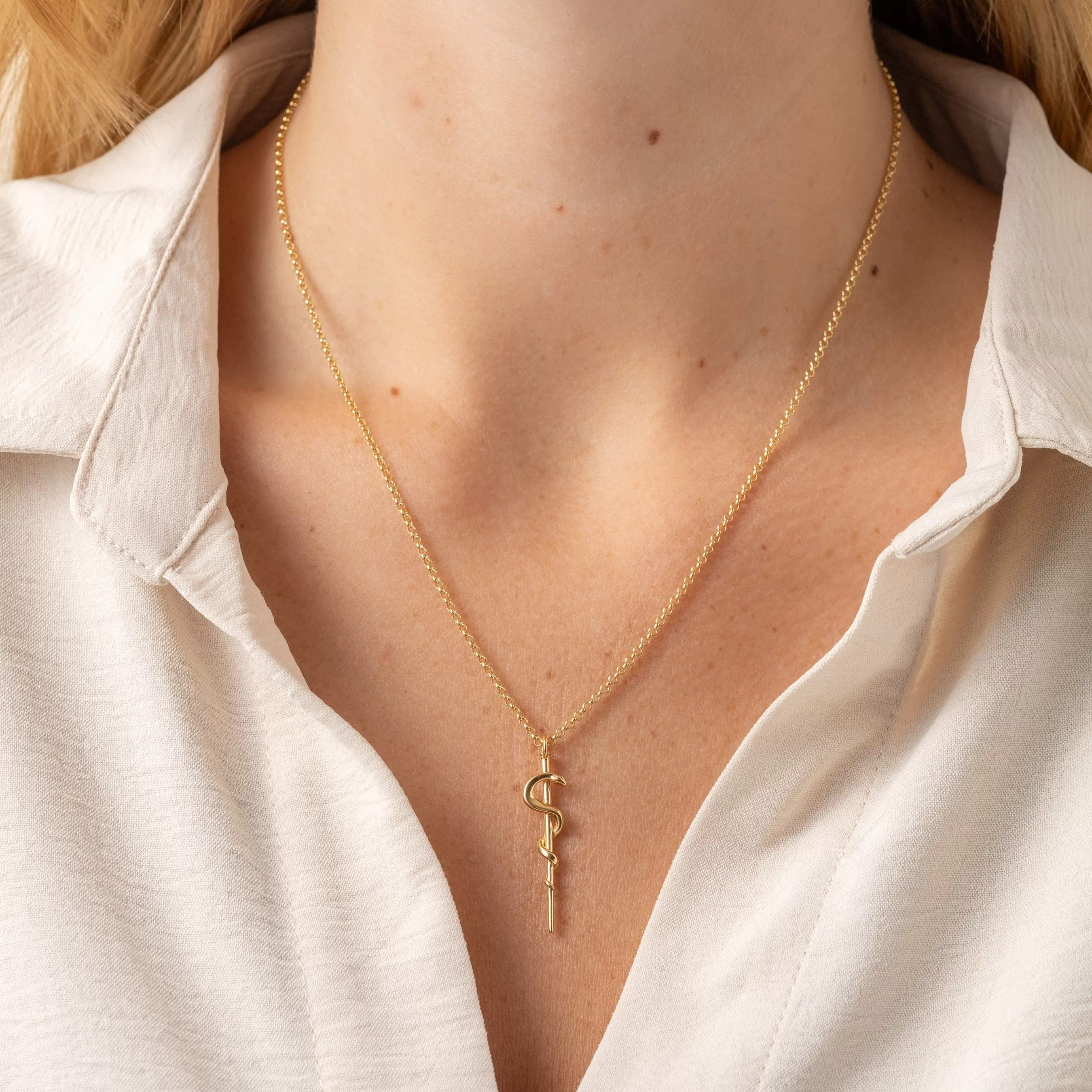 rod of Asclepius necklace | gold vermeil