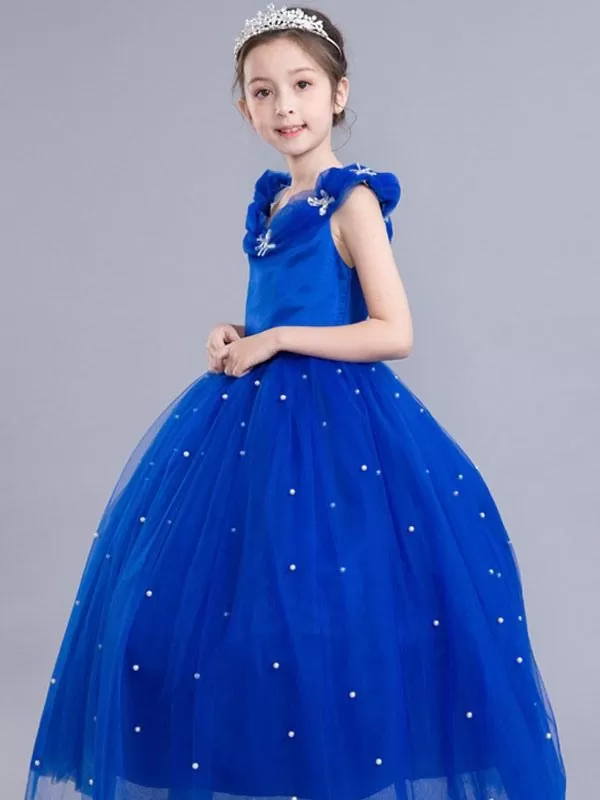 Royal Blue Flower Girl Dress Princess Beaded Little Kids Pageant Party Dress