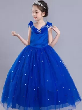 Royal Blue Flower Girl Dress Princess Beaded Little Kids Pageant Party Dress