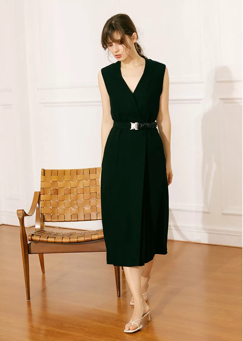 Silky Sleeveless Belted Midi Dress