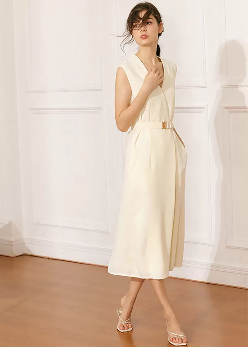 Silky Sleeveless Belted Midi Dress