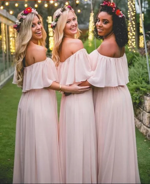 Simple Pink Off the Shoulder Pink Ruffles Long Bridesmaid Dresses