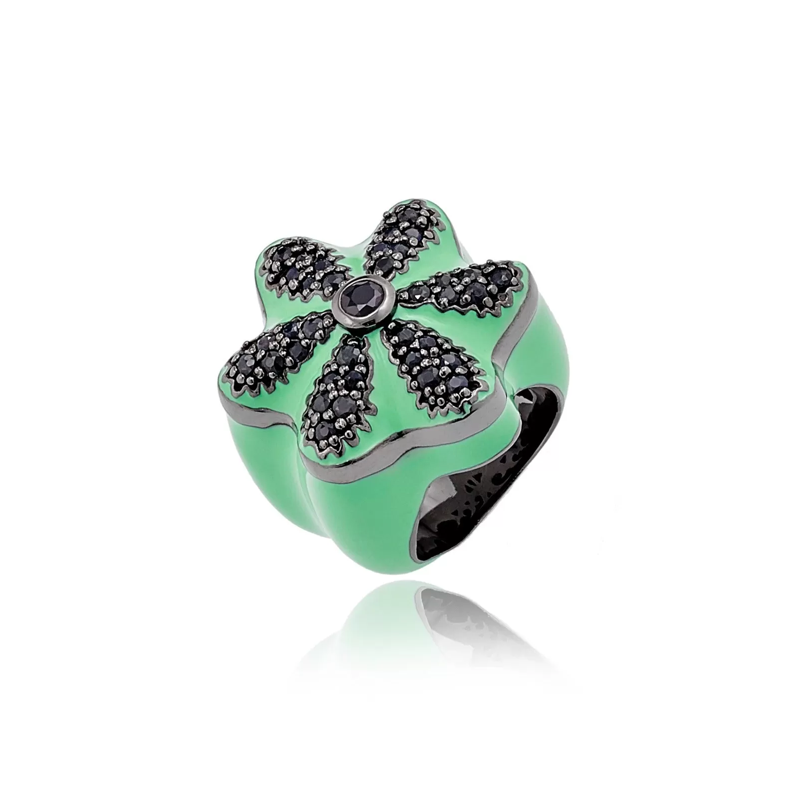 Sterling Silver Statement Ring With Ocean Green Enamel, Black Spinel & Onyx