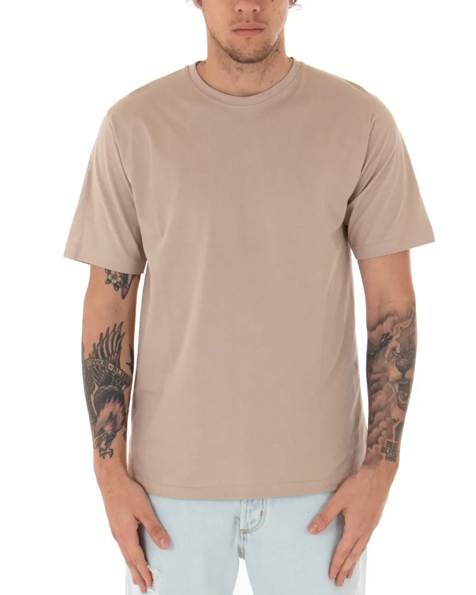 T-shirt Uomo Basic Tinta Unita Beige Girocollo Manica Corta Casual Spacchi GIOSAL-TS2933A