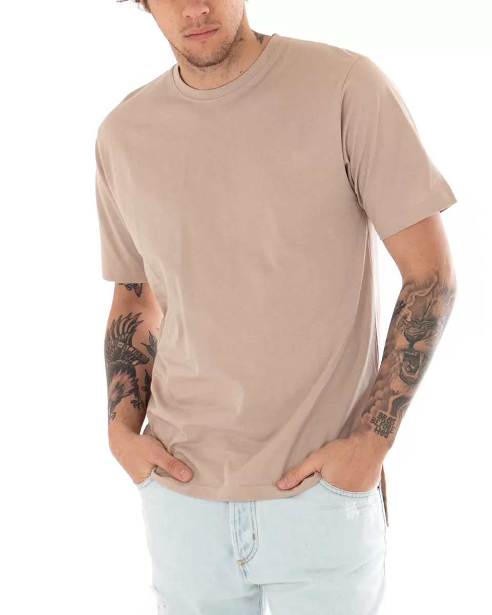 T-shirt Uomo Basic Tinta Unita Beige Girocollo Manica Corta Casual Spacchi GIOSAL-TS2933A