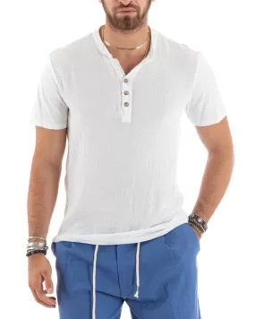 T-shirt Uomo Collo Serafino Bottoni Tinta Unita Manica Corta Cotone Bianca Casual GIOSAL-TS2957A