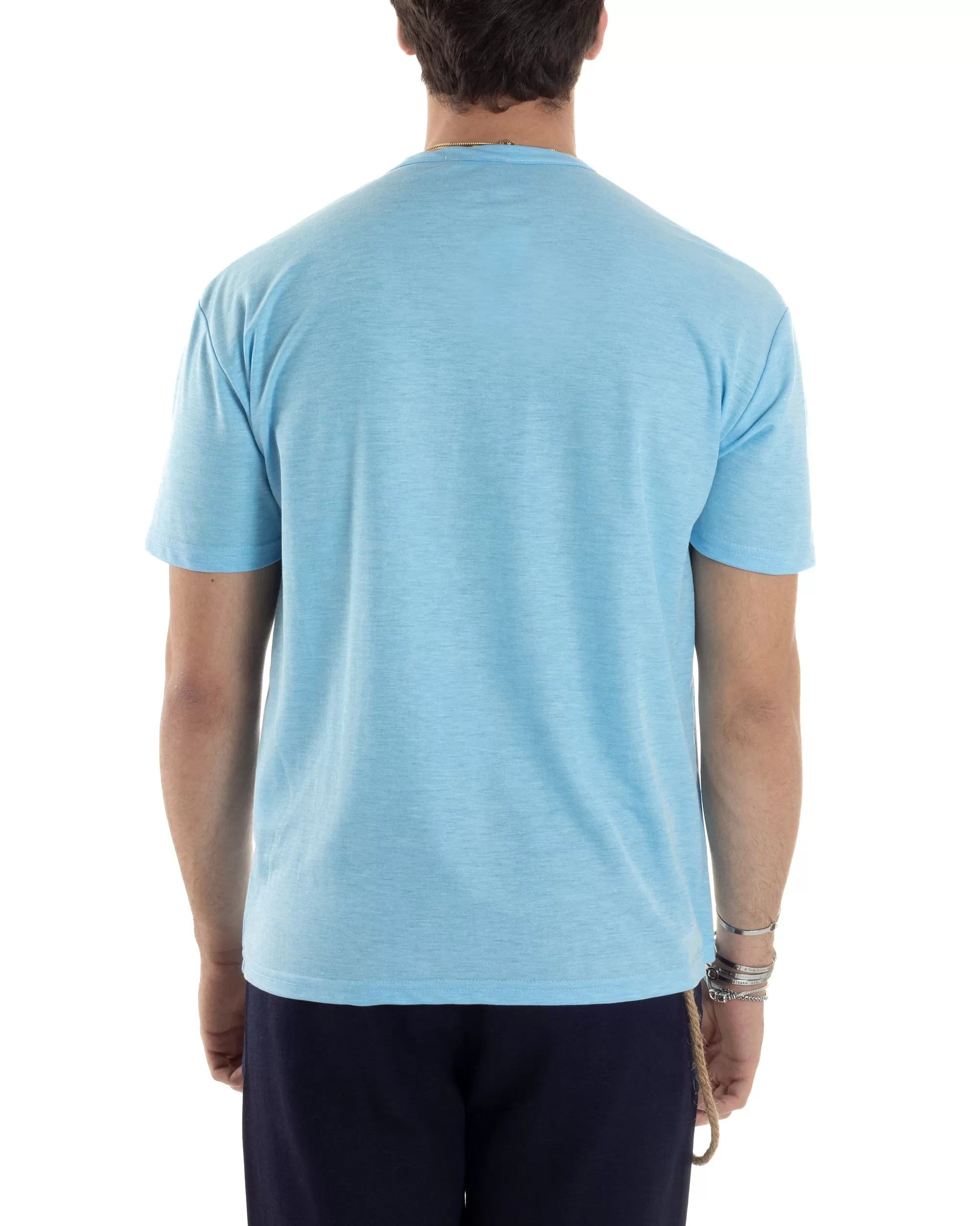 T-shirt Uomo Manica Corta Viscosa Collo Serafino Maglia Con Bottoni Casual Azzurro GIOSAL-TS3037A