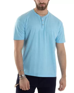 T-shirt Uomo Manica Corta Viscosa Collo Serafino Maglia Con Bottoni Casual Azzurro GIOSAL-TS3037A