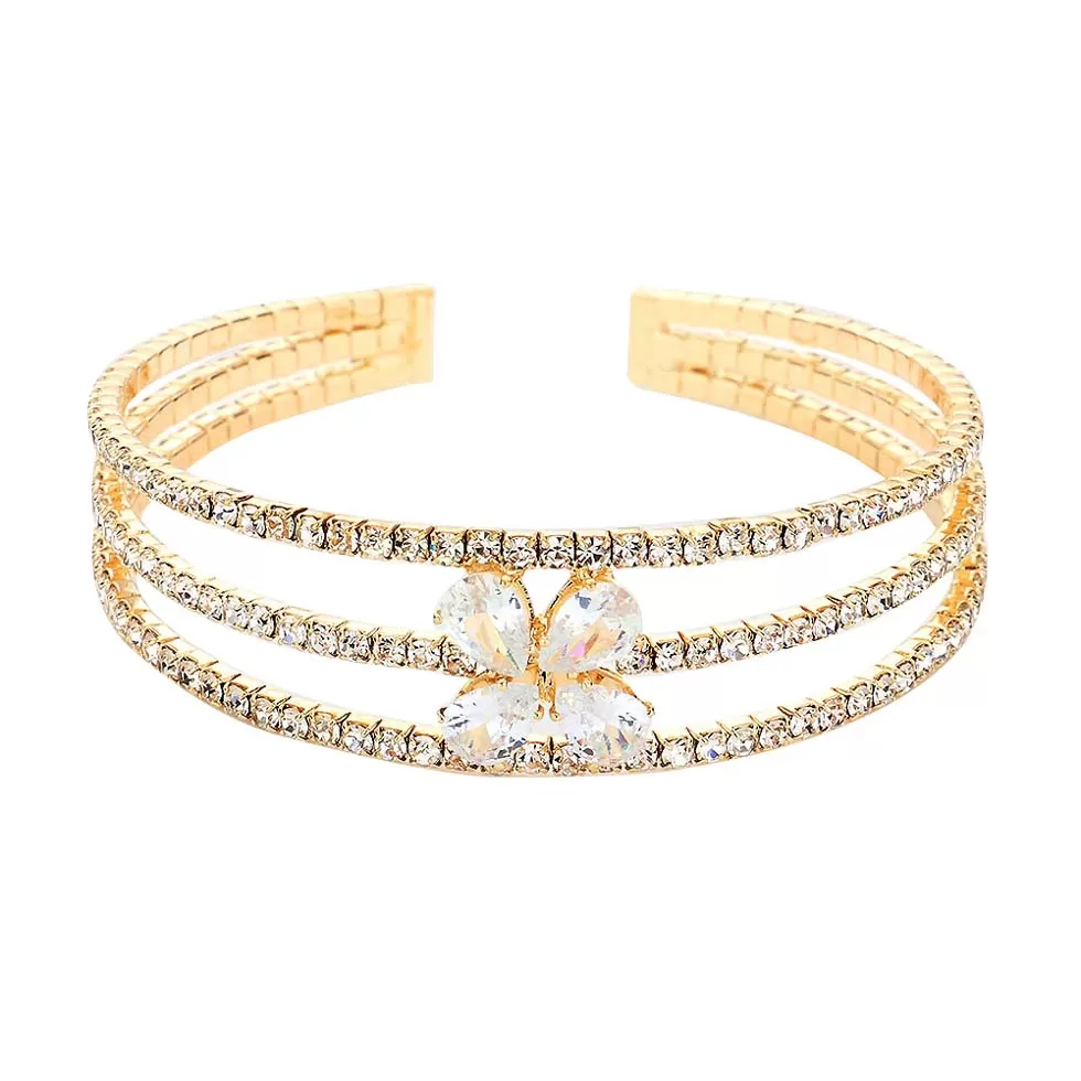 Teardrop Flower Stone Accented Rhinestone Pave Cuff Bracelet